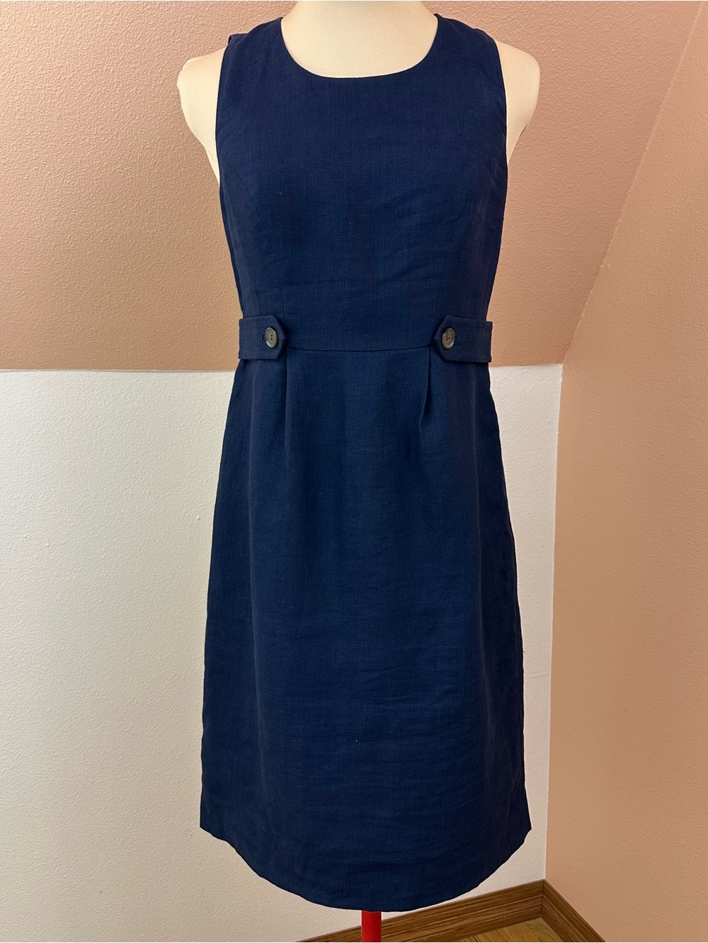 J.Crew 100% Linen Sheath Dress Womens 4 Navy Sleeveless Button Waist Knee Length - Picture 2 of 14